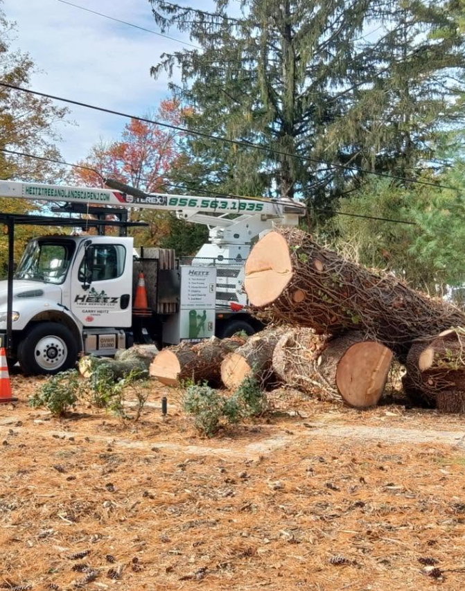 Tree service truck beside cut logs and a felled tree in a wooded area