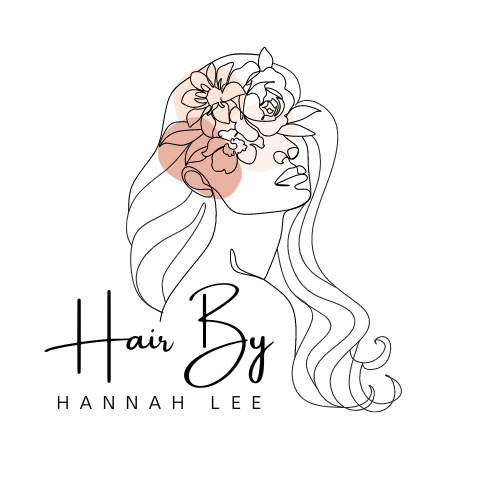 Hair By Hannah Lee logo with line-art woman, floral hair accents, and peach watercolor circle