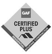 GAF Certified Plus roofing contractor logo in black and gray diamond shape