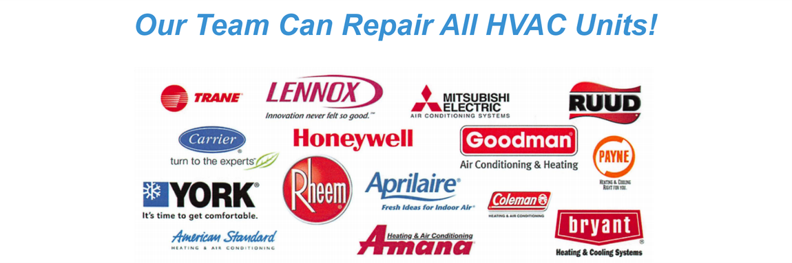 HVAC service ad with text “Our Team Can Repair All HVAC Units!” and multiple brand logos on a blue background