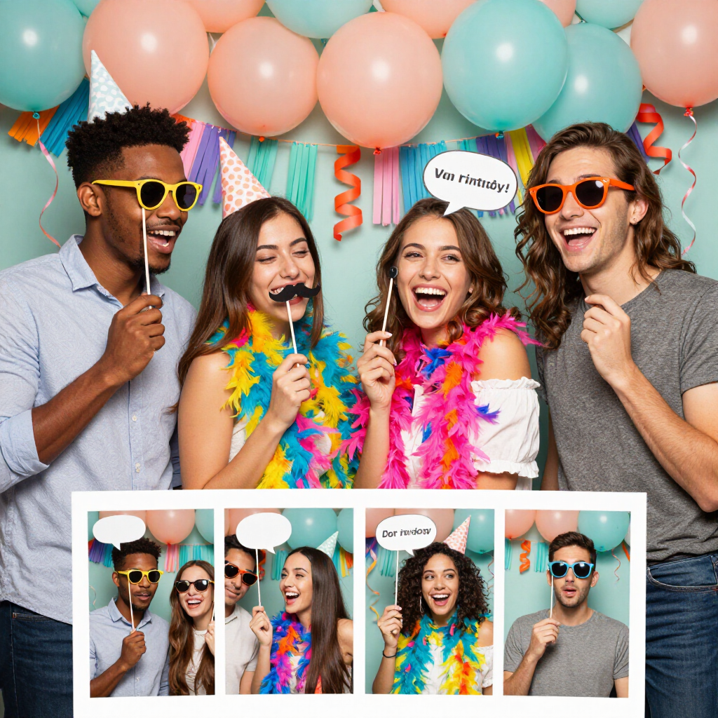 Friends posing in a photo booth with props, balloons, and confetti at a colorful party