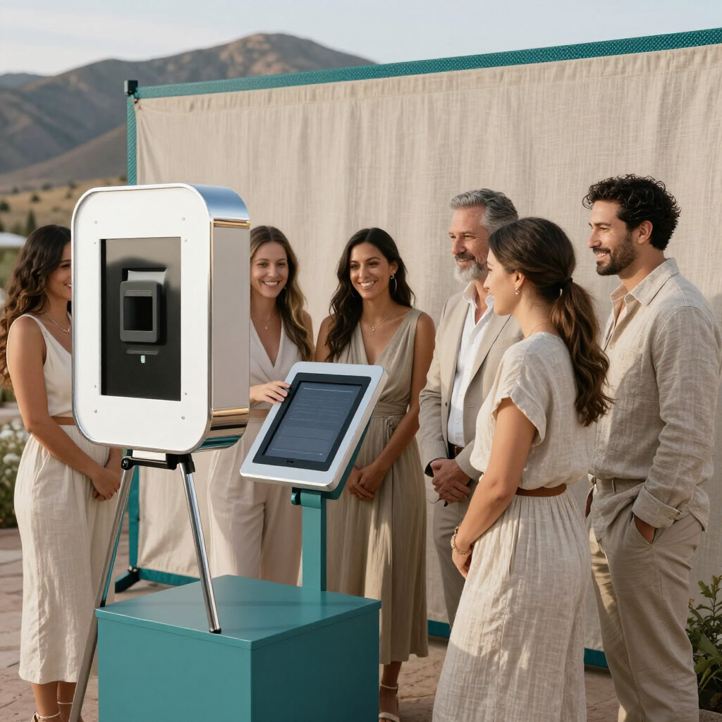 People gathered around a biometric kiosk and tablet outdoors near a beige backdrop and mountains.