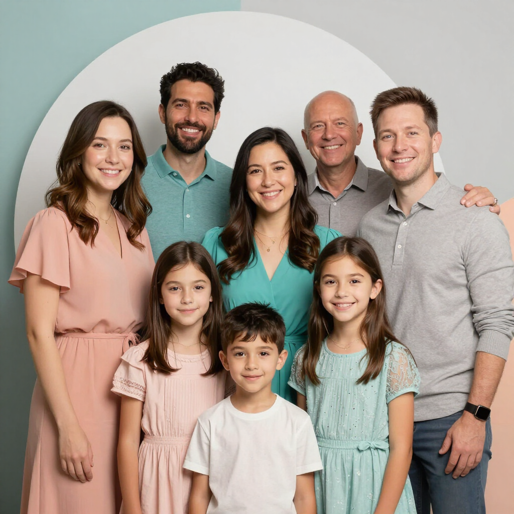Six smiling people posing in two rows against a light gray background