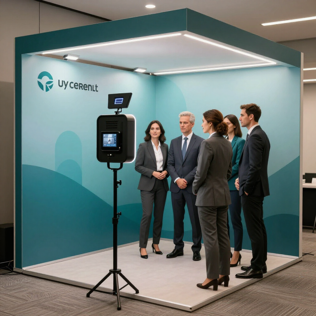 Four professionals stand in a teal branded booth beside a mounted device and screen at an expo.