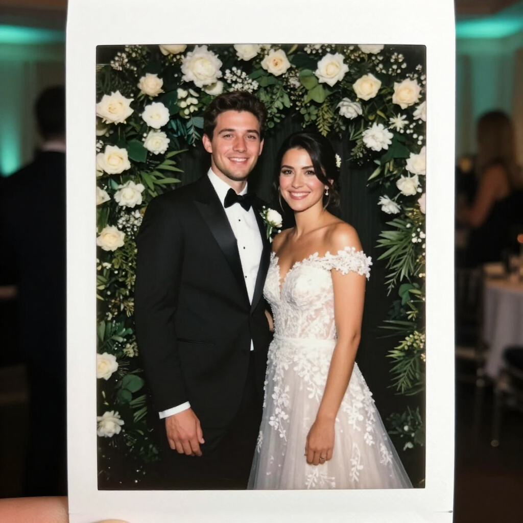 Couple in formal attire posing in front of a white-flower wall backdrop.