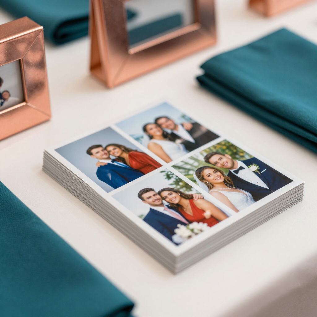Stack of printed photo cards on a white table beside teal napkins and copper frames.