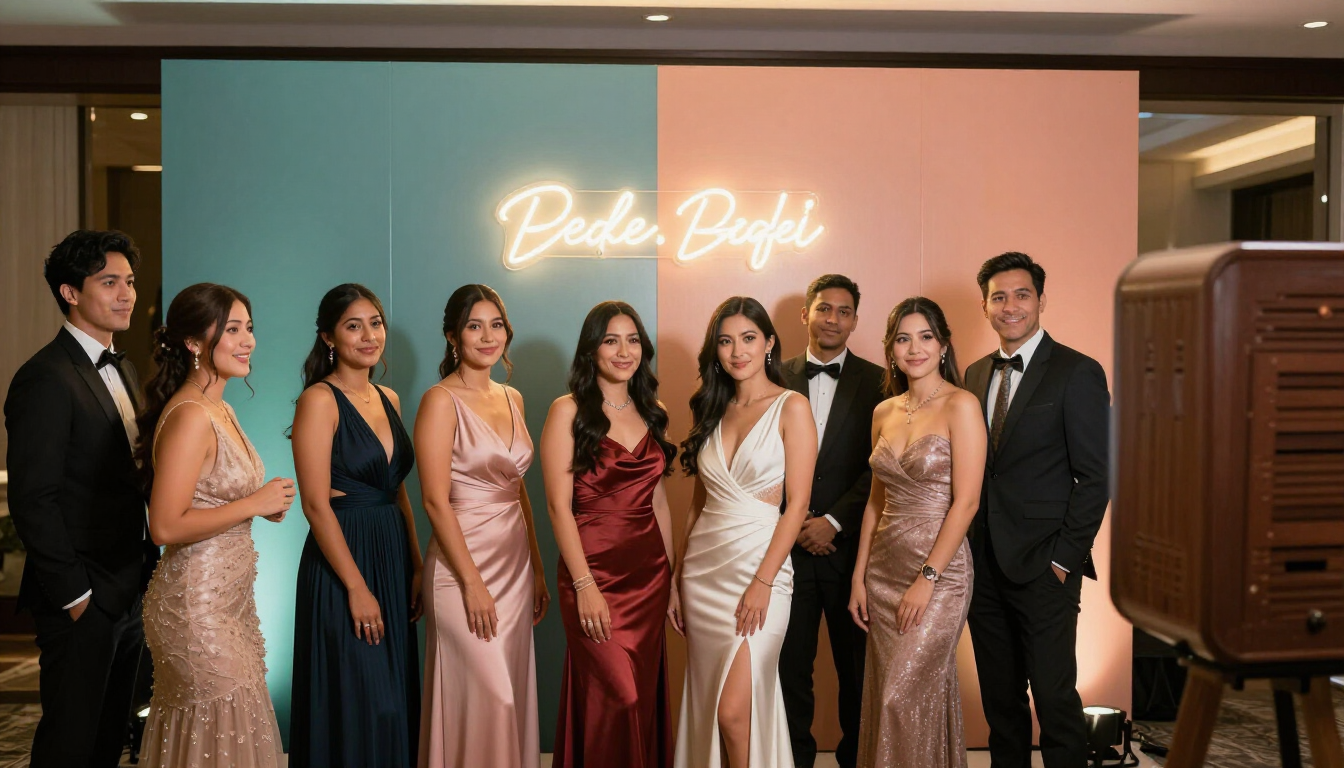 Group of formally dressed people standing at an indoor event in front of a glowing sign and green backdrop.