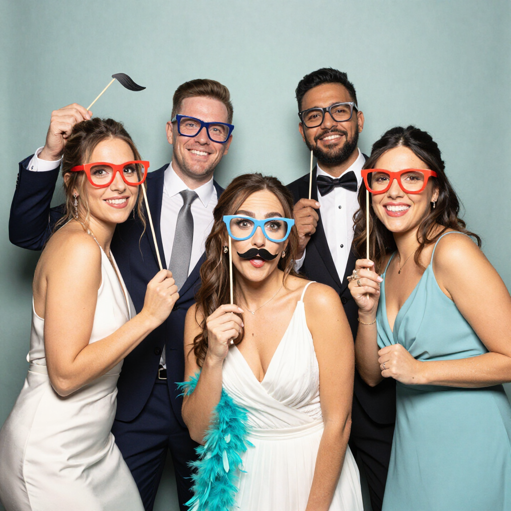 Five friends in formal wear posing with colorful glasses and feather props at a party photo booth