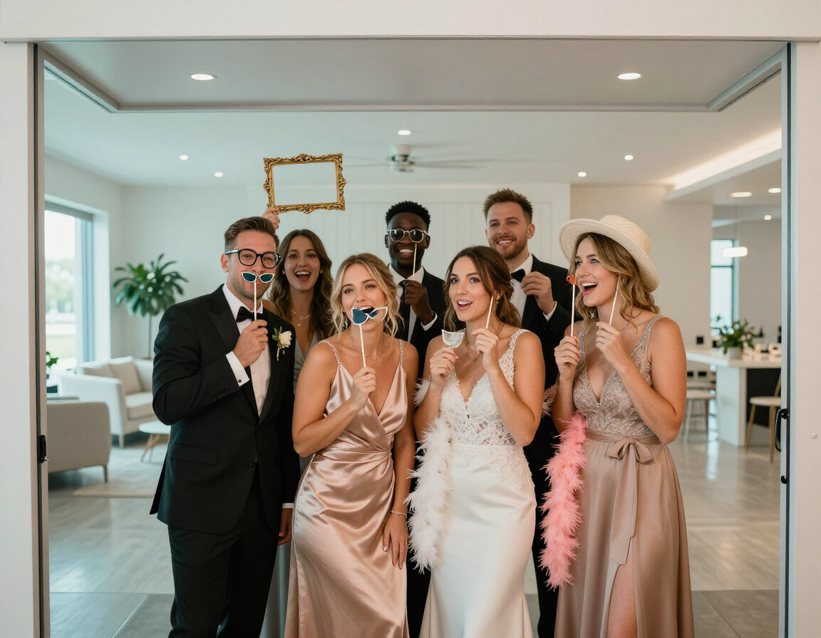 Group in formal attire poses indoors, smiling and holding drinks at a celebration.