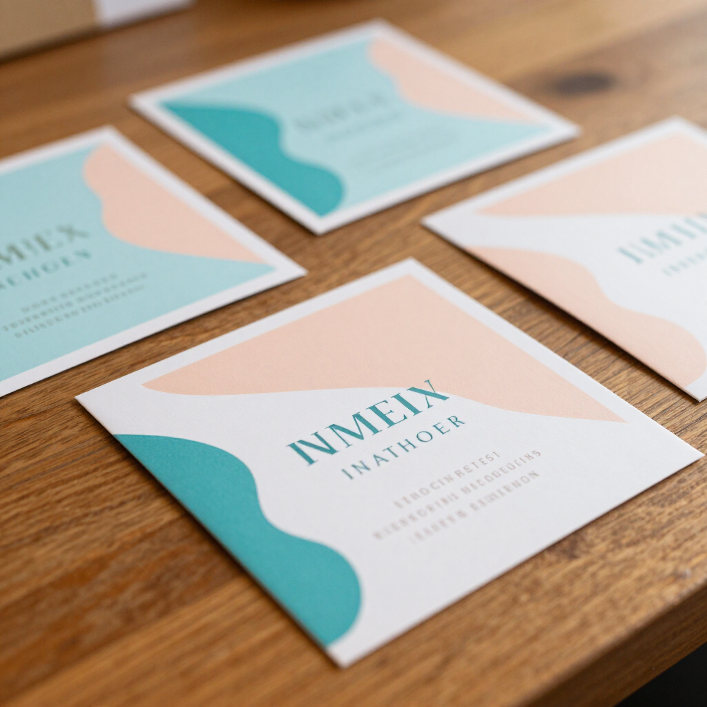 Business cards with teal and peach geometric design on a wooden table