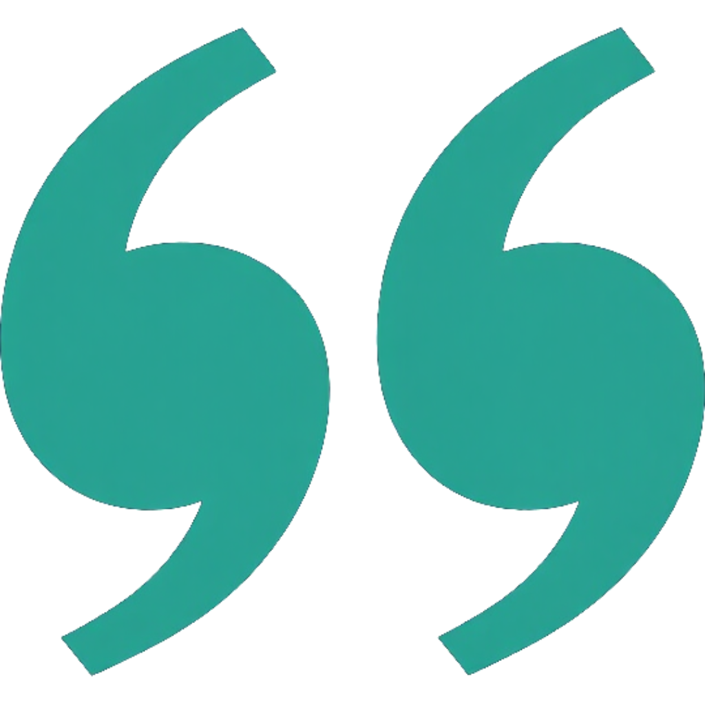 Teal quotation marks icon on a white background