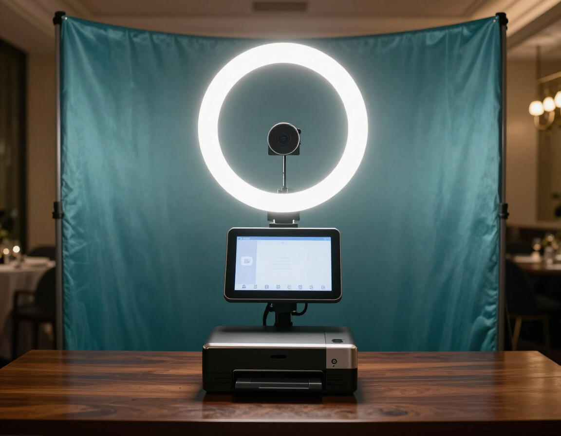 Ring light and camera on a tabletop in front of a teal backdrop, set up for recording or streaming.