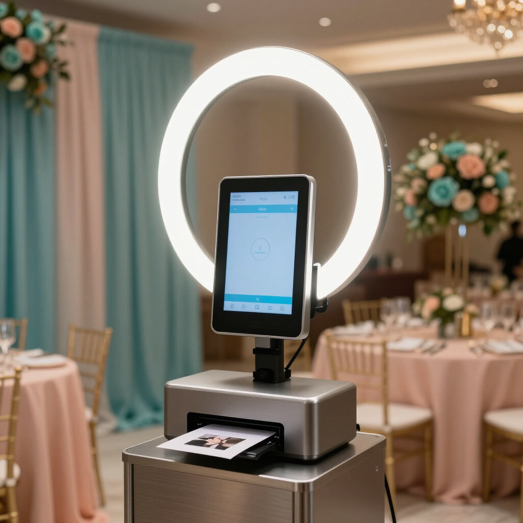 Photo booth kiosk with ring light in a decorated banquet hall, set up for event check-in