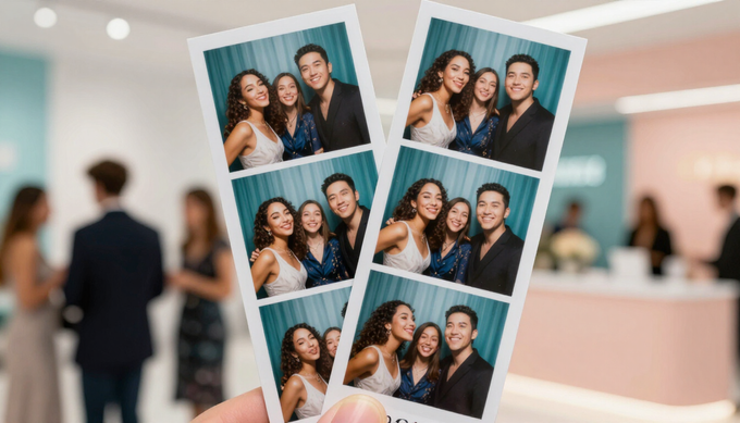 Collage of four smiling friends posing in a bright event venue with blurred guests in the background