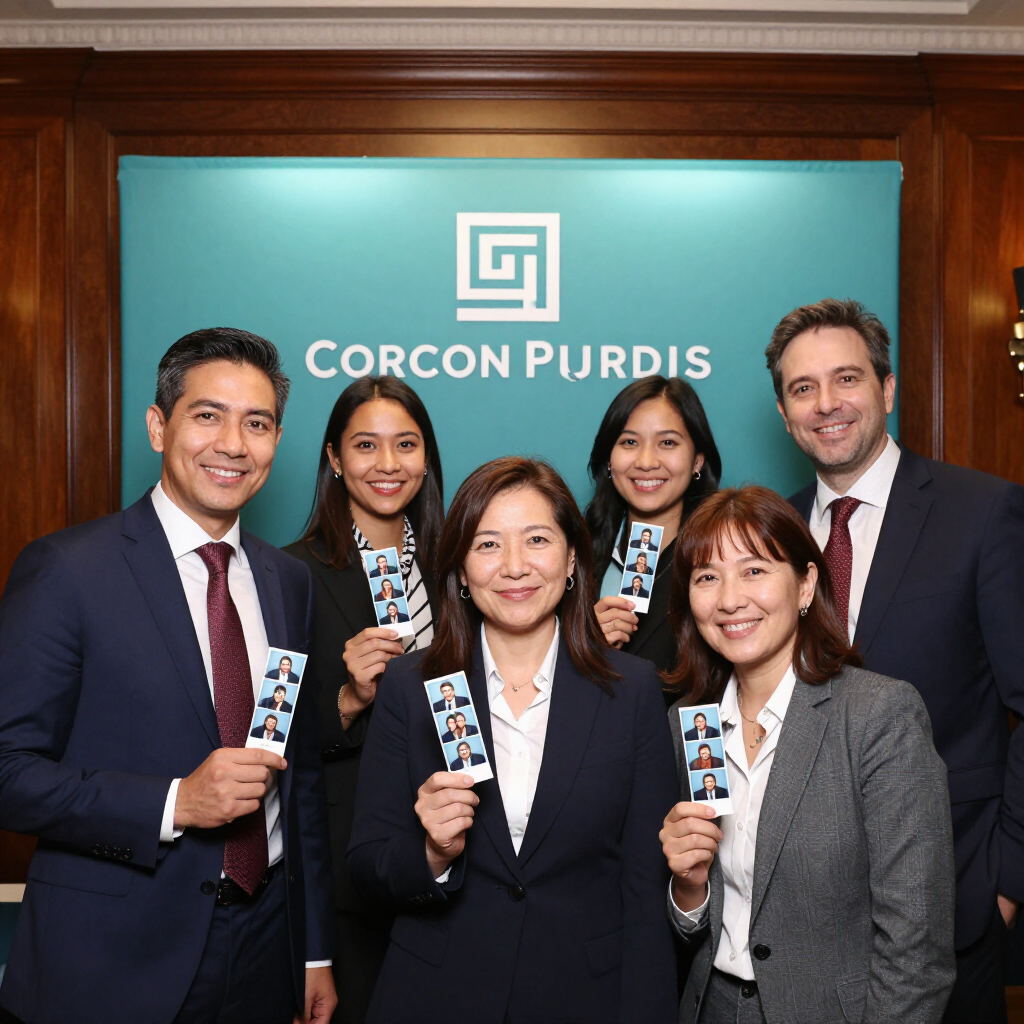 Five people posing in front of a Corcoran Purdis sign, smiling and holding branded cards.
