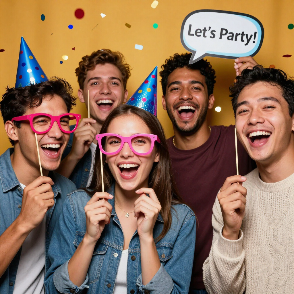 Four friends in party hats and glasses smiling, with a “Let’s Party!” speech bubble.