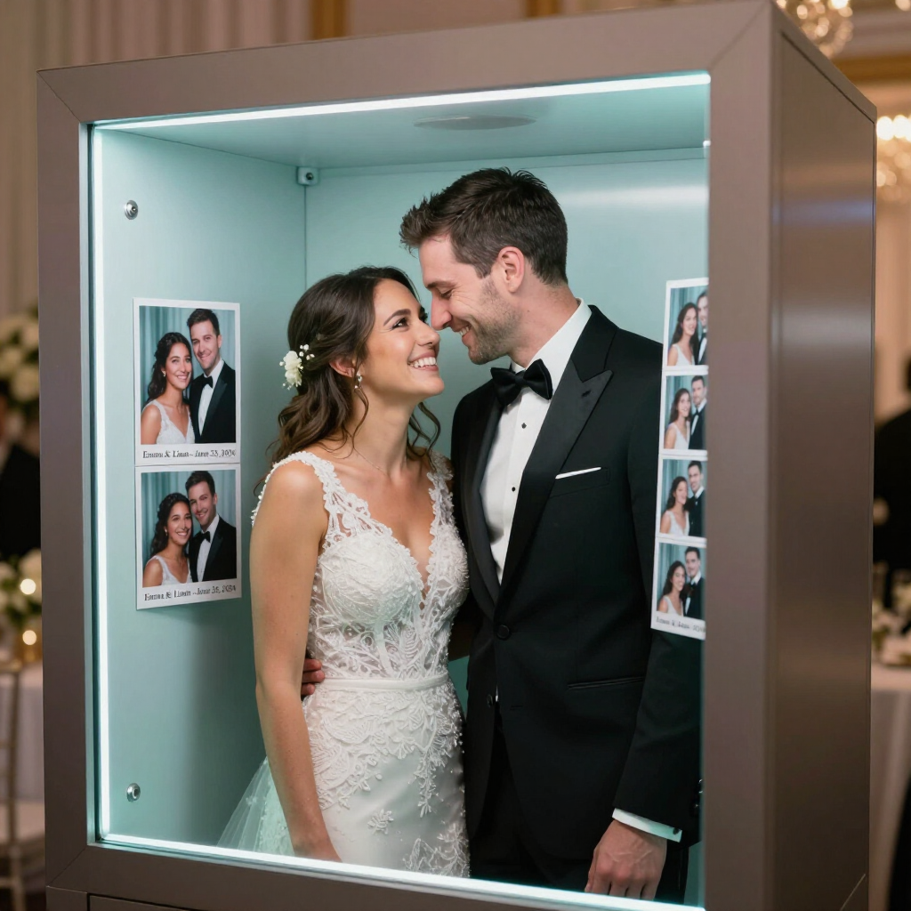 Bride and groom smiling in a lit photo booth at their wedding