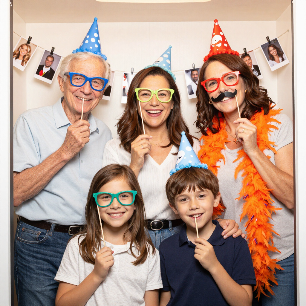 Group posing with party hats, oversized glasses, and fake mustaches at a birthday celebration
