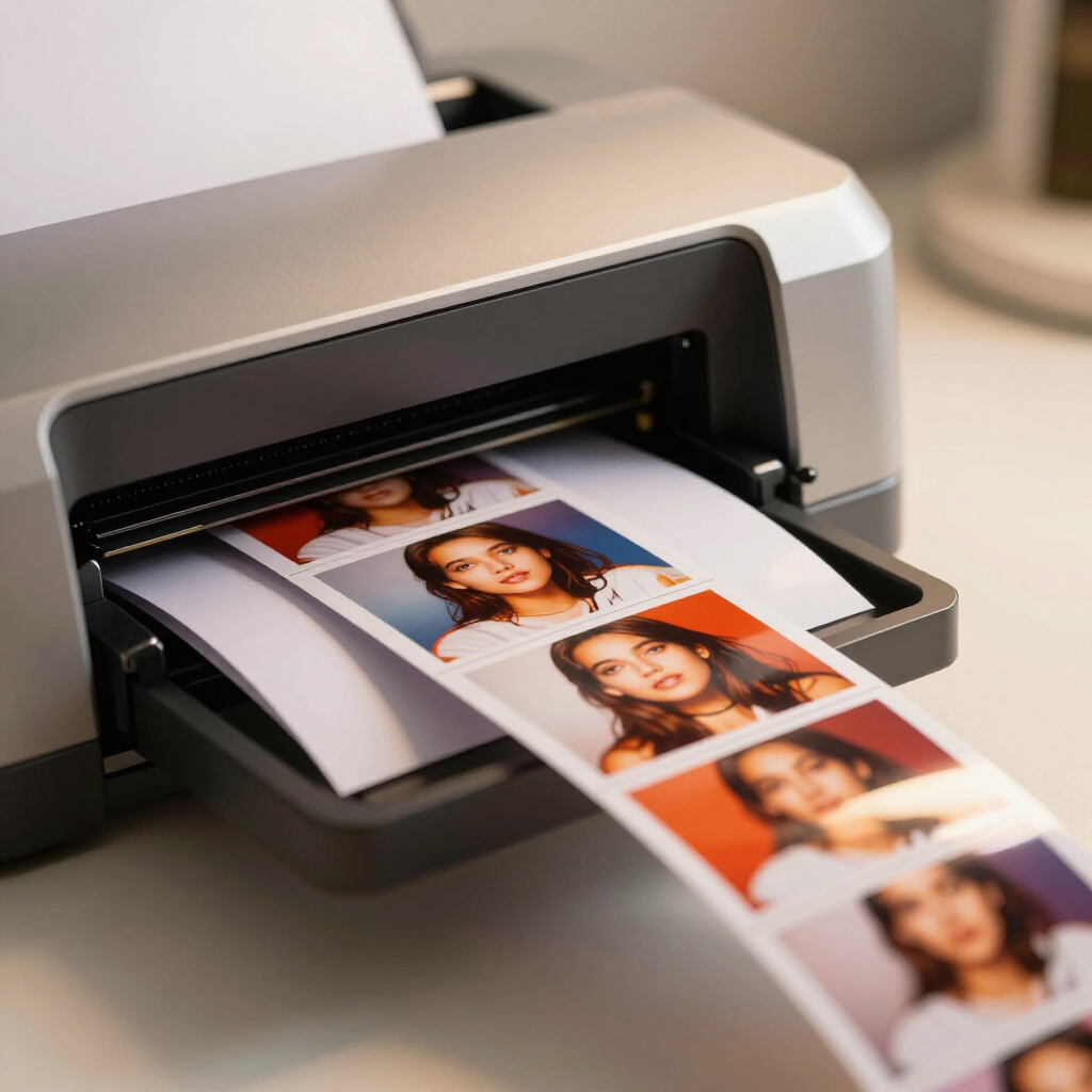 Photo printer printing a strip of portrait photos onto a tray