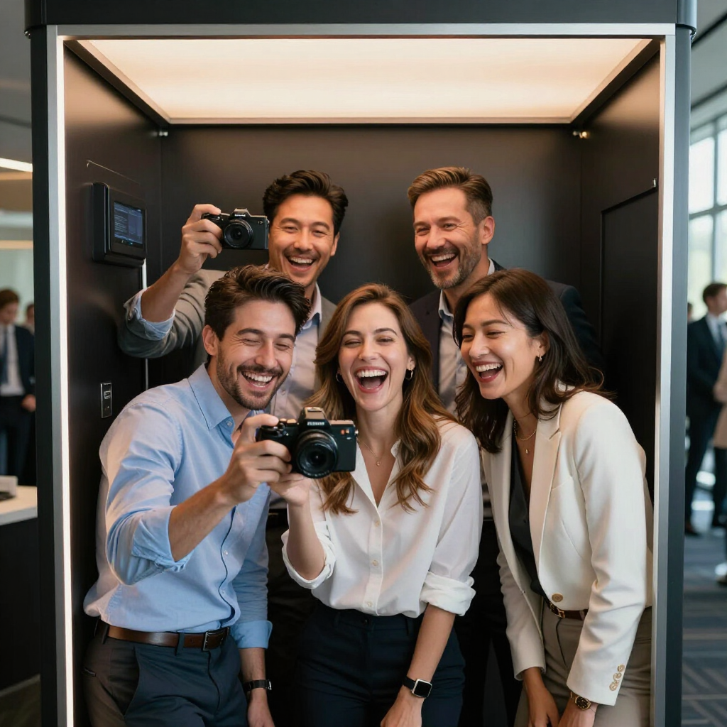 Five people smiling and taking a selfie in a sleek indoor booth