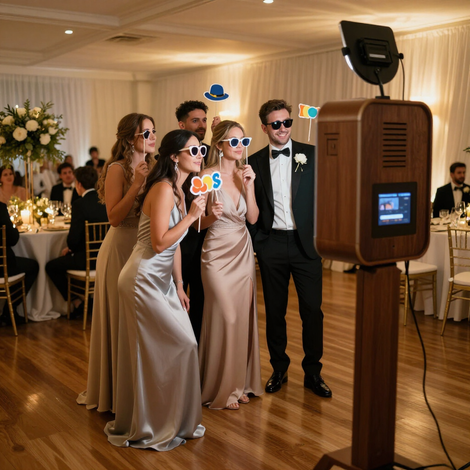 Wedding guests posing in sunglasses and props for a photo booth in a banquet hall