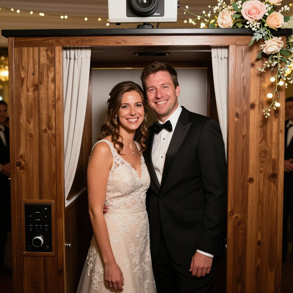 Smiling couple posing in a wooden photo booth at a wedding reception, with flowers and string lights.