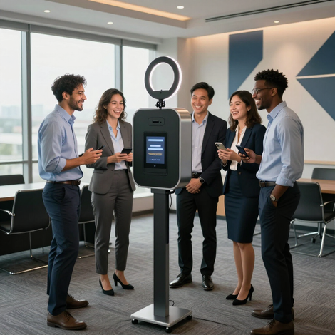 Five people stand around a ring light and smartphone on a tripod in a bright conference room.