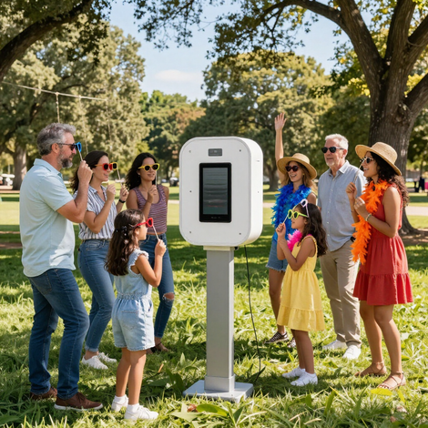 A group of people chatting around a white outdoor kiosk in a sunny park with trees and grass.