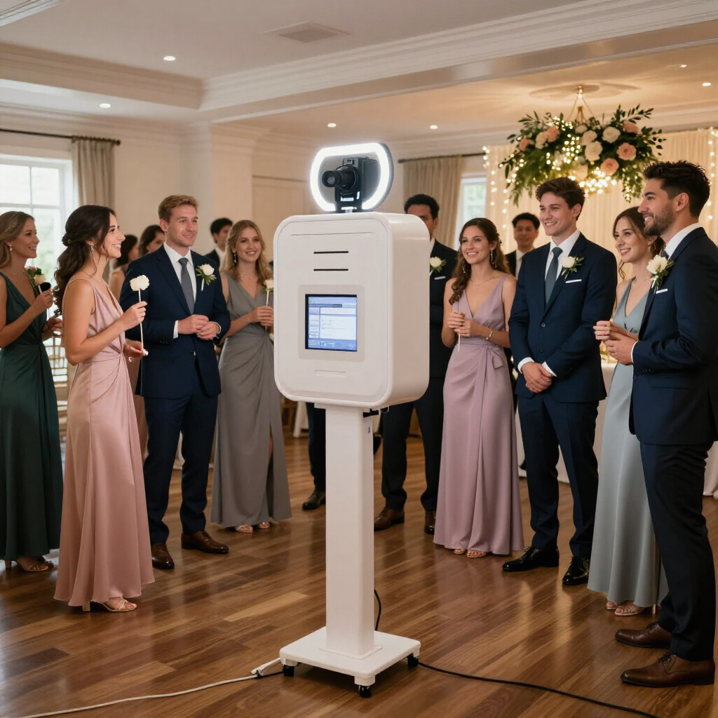 Guests in formalwear gather around a white photo booth at a wedding reception.