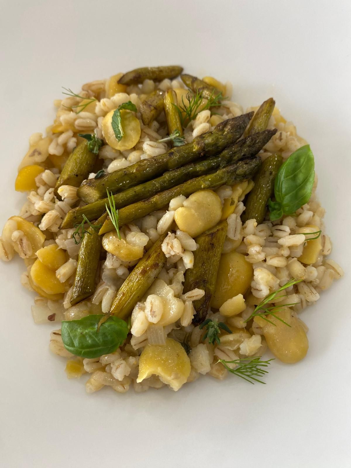 Insalata d'orzo con asparagi, ceci, basilico e aneto su un piatto bianco.