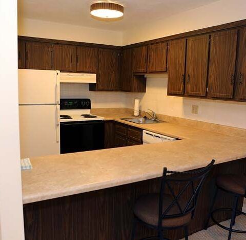 Small kitchen with dark wood cabinets, white appliances, beige counters, and a breakfast bar.
