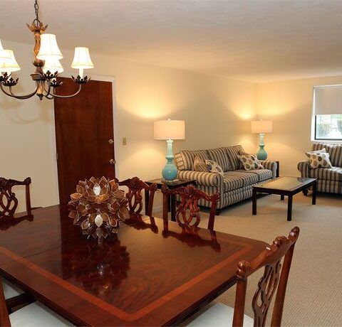 Living room with wooden dining table, striped sofa, lamps, and polished hardwood floor