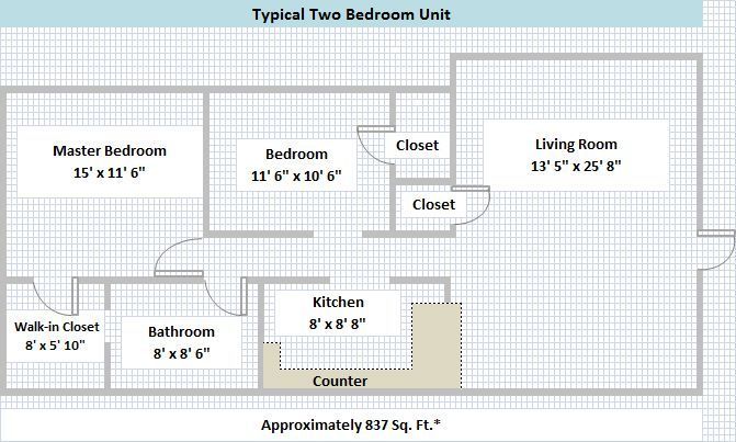 Floor plan of a two-bedroom apartment with labeled rooms and approximate square footage.