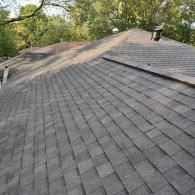 A high-angle view of a gray asphalt shingle roof, showing valleys and a ridge line against a backdrop of green trees.