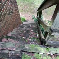 Outdoor wooden staircase alongside a brick wall, showing signs of heavy decay, rot, and green moss growth.