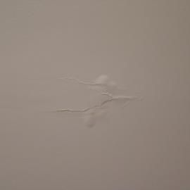 A small, jagged crack in a smooth, light-grey wall.
