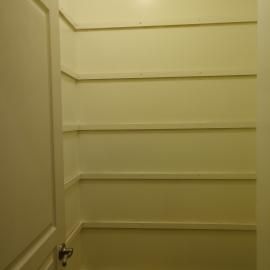 Empty interior of a pantry closet featuring white walls and multiple horizontal shelves.