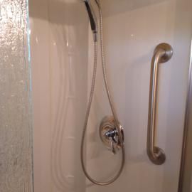 A shower wall featuring a chrome handle, a matching shower control valve, and a silver handheld shower head on a hose.