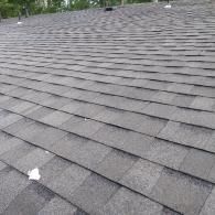 A view looking up at a gray asphalt shingle roof with two small ventilation pipes visible against a treed background.