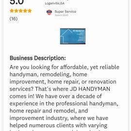 Business profile for JD HANDYMAN in Loganville, GA, showing a 5.0 rating with 16 reviews and a service description.