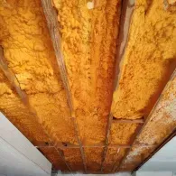 Expanding spray foam insulation installed between wooden ceiling joists.