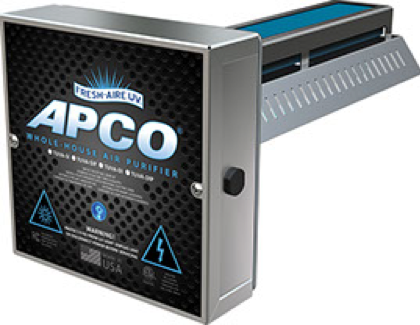 An apco air purifier is sitting on a white surface.