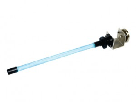 A blue light stick with a black handle on a white background