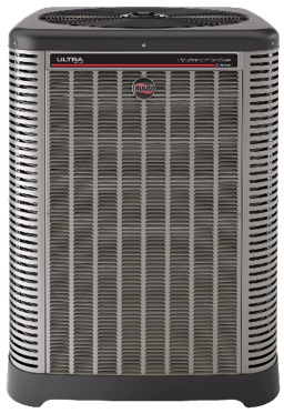 A gray air conditioner is sitting on a white surface.