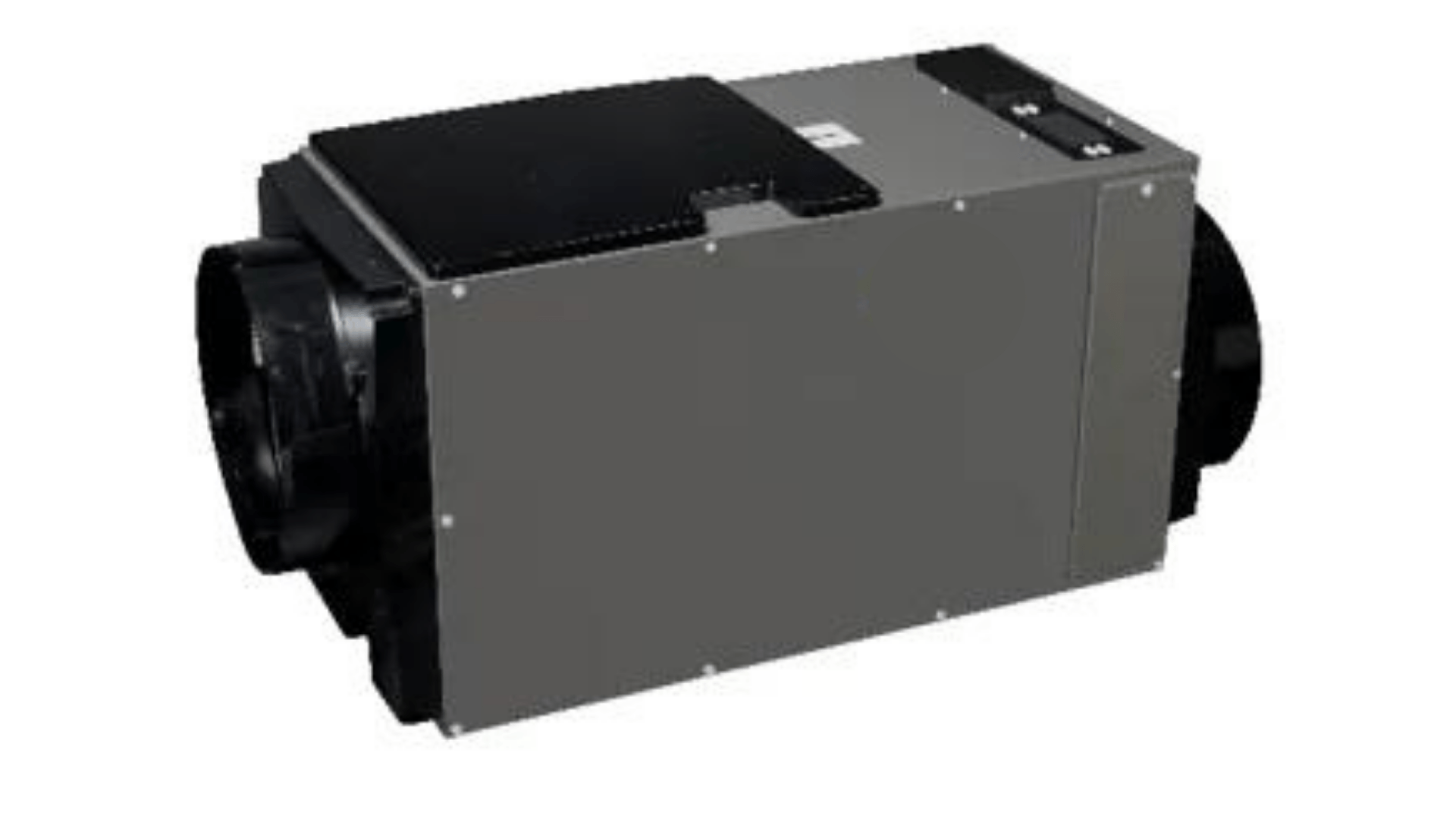 A gray box with a black hose attached to it on a white background.