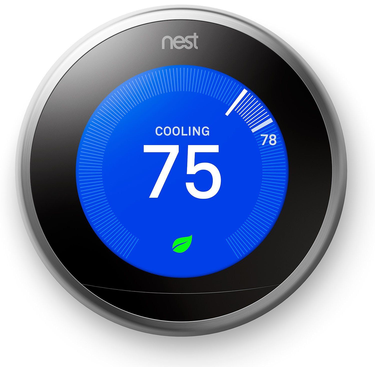 A nest thermostat shows that the temperature is 75 degrees