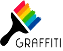 Un pincel de colores del arco iris con la palabra graffiti debajo.