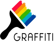 Un pincel de colores del arco iris con la palabra graffiti debajo.