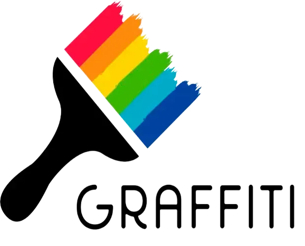 Un pincel de colores del arco iris con la palabra graffiti debajo.