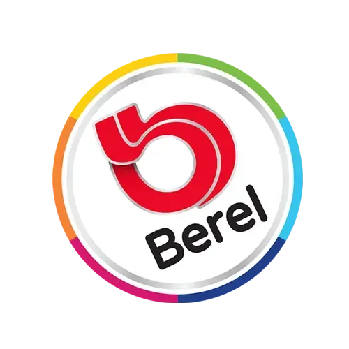 El logo de berel está en un círculo colorido sobre un fondo blanco